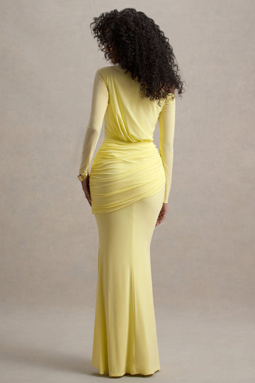 Deanna Lemon Asymmetric Long-Sleeve Ruched Maxi Dress